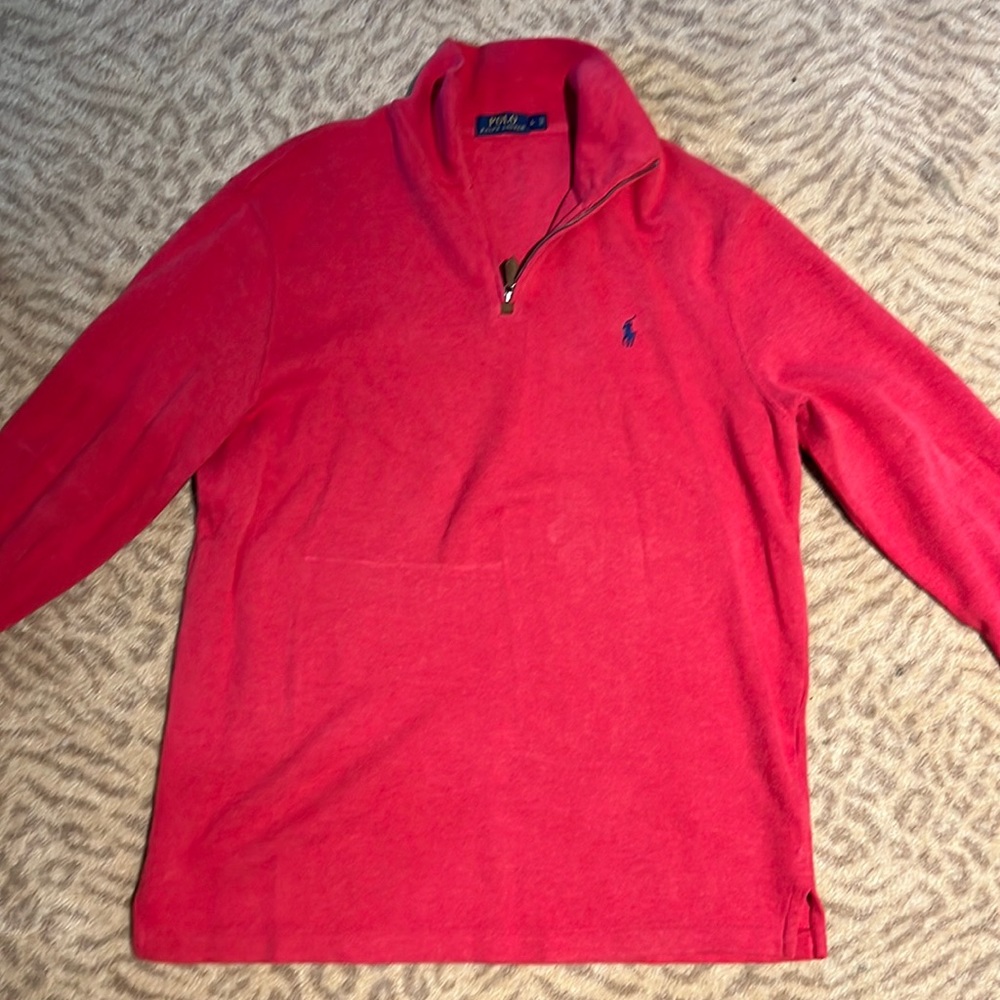 Red polo sweater size large with small zipper at neck. Excellent condition.